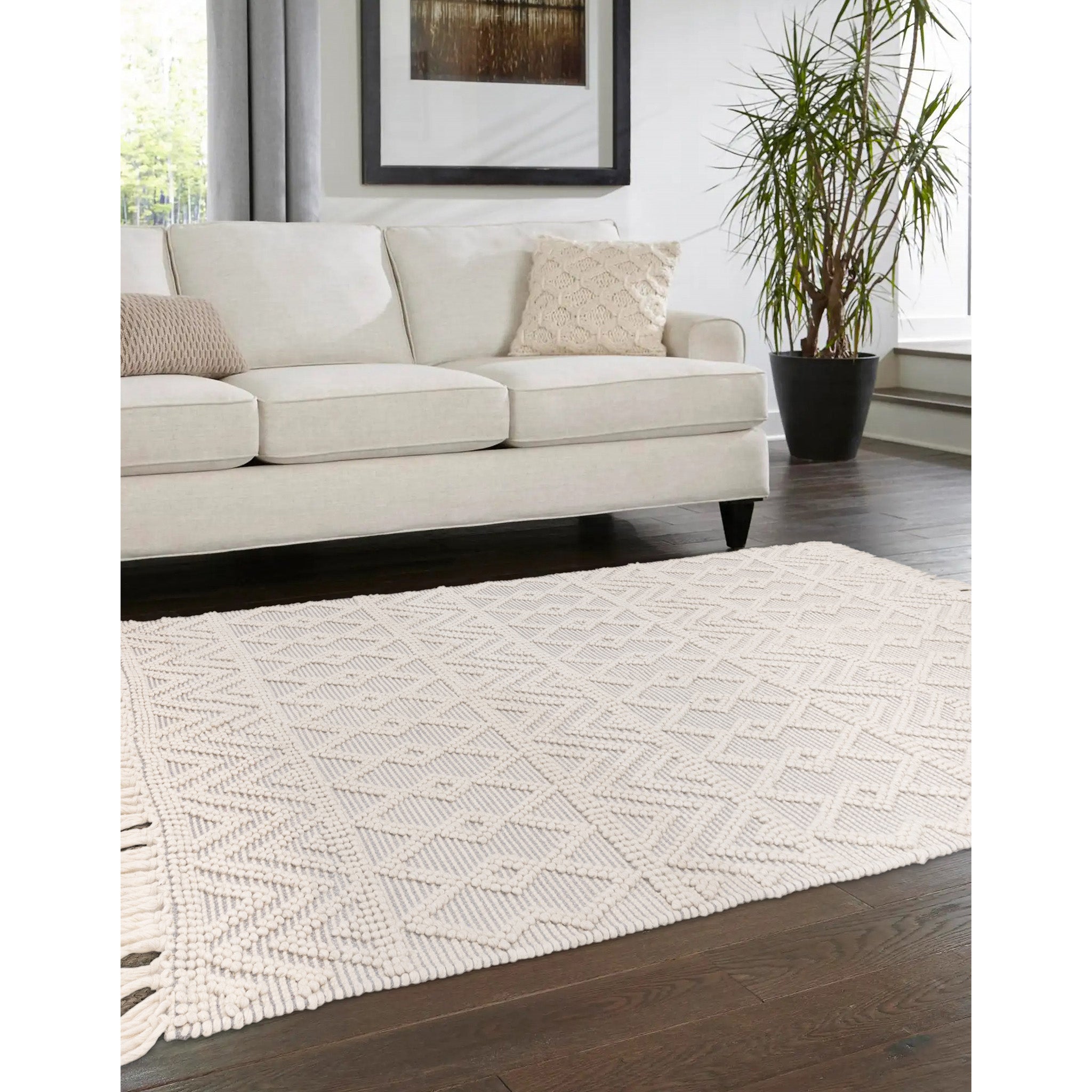 Bobble and Fringe Boho Rug in Grey